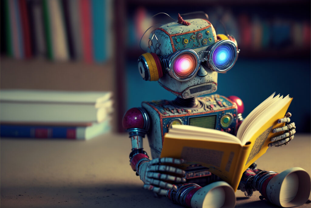 cute robot reading a book, technological progress, cartoon style, android child, future art, ai, anthropomorphism