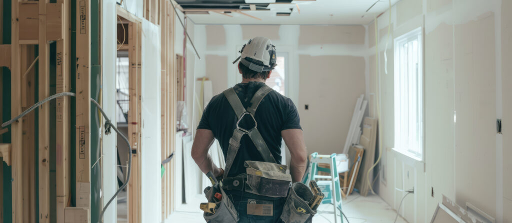 rear view of professional interior renovation worker in home apartment background. banner for company renovation of new buildings and secondary housing.